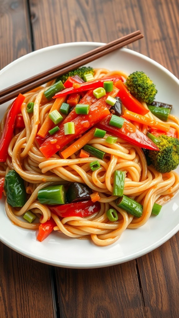 A plate of stir-fried noodles with mixed vegetables and green onions on a rustic table.